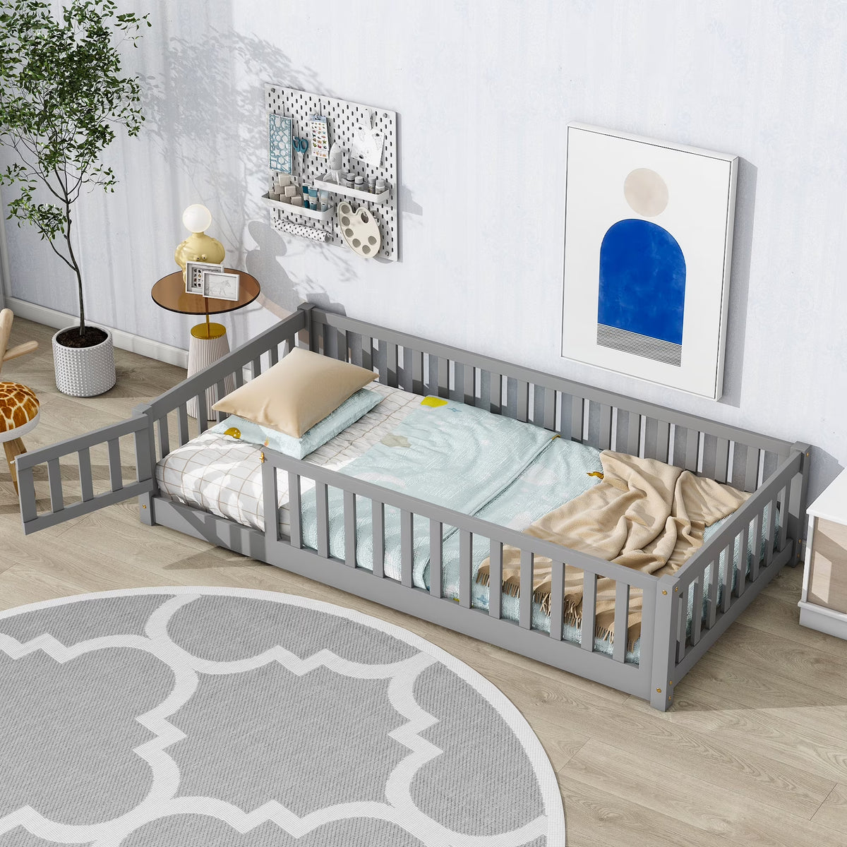 UHOMEPRO Twin Size Floor Bed with Door and Fence, Montessori Floor Bed with Slats and Safety Guardrails, Solid Wood Twin Bed Frame for Bedroom, White