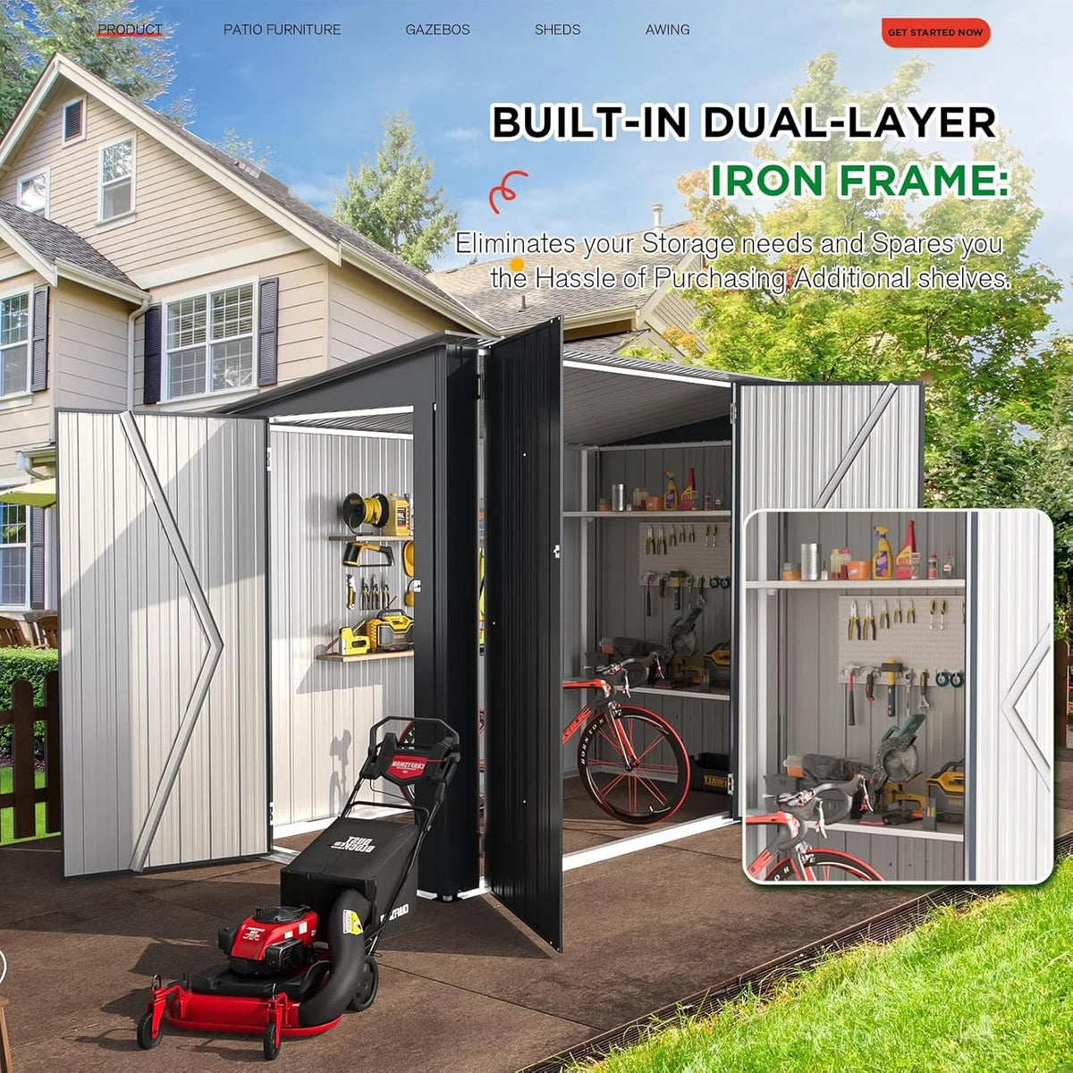 YODOLLA Outdoor Storage Shed, 3 x 7 Ft Bike Sheds & Outdoor Storage, Small Metal Outdoor Storage Cabinet for Garden