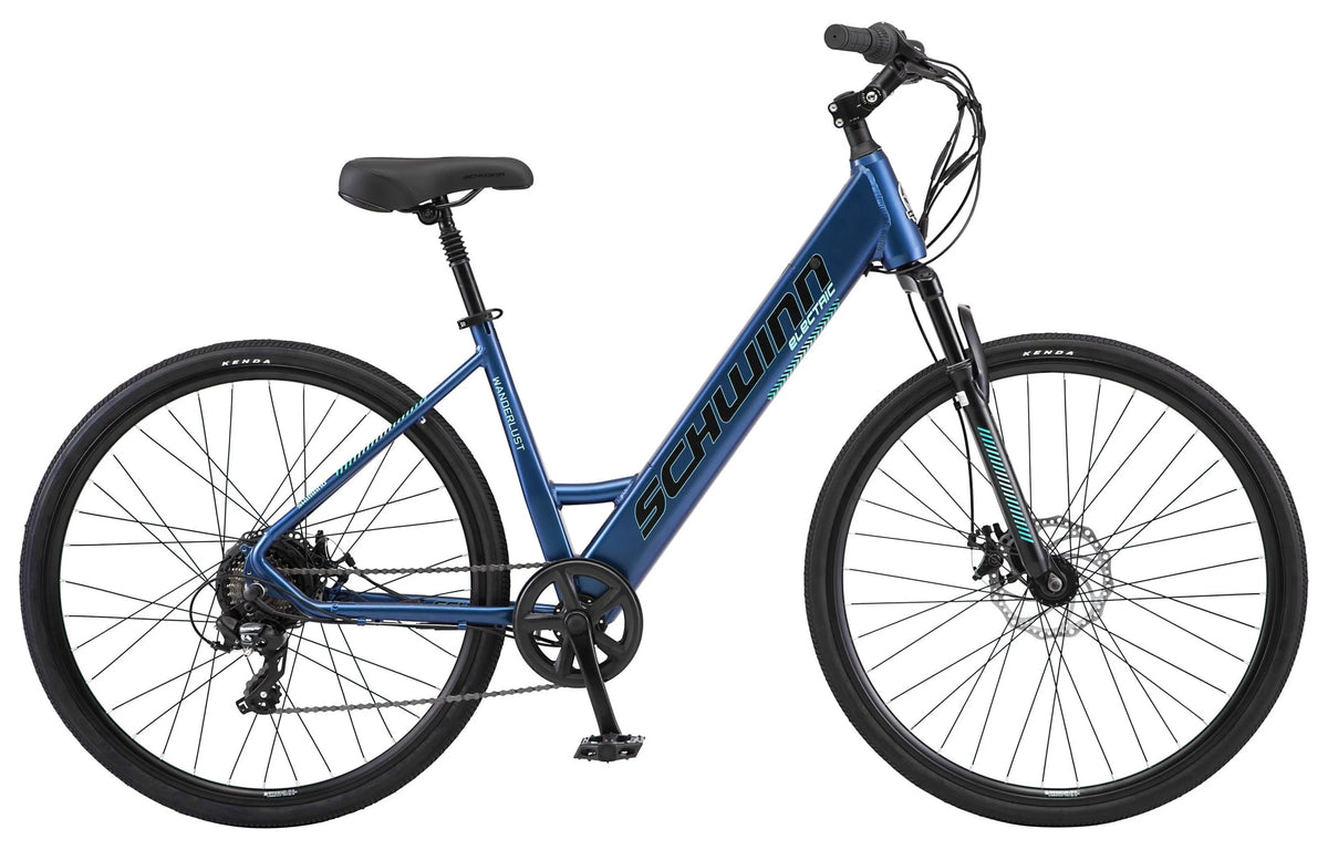 Schwinn 700c Wanderlust Unisex Electric Hybrid Bike, Matte Blue, 250w Motor, Step Thru Ebike for Adults