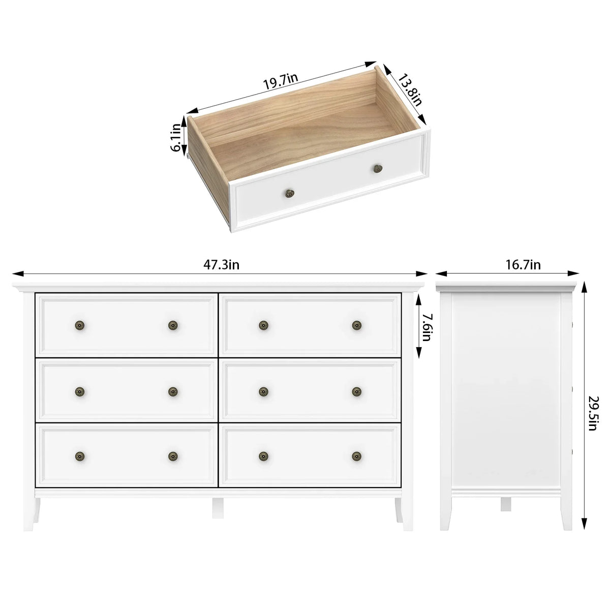 IKENO 6 Drawers White Dresser, Modern Solid Wood Chest of Drawers, White Dresser for Bedroom Room