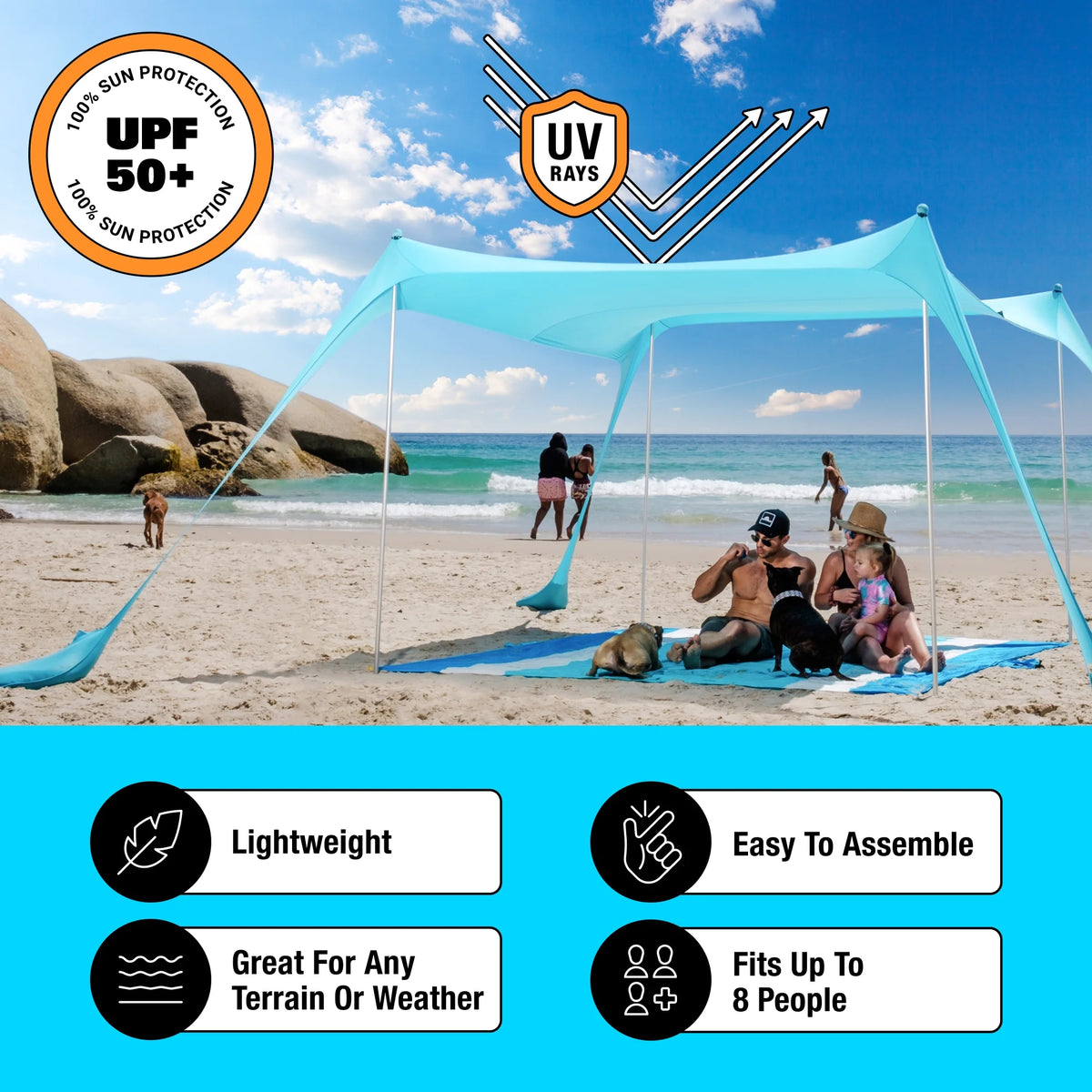 SUN NINJA 10x10.5 FT Pop-Up Beach Tent with Sand Shovel, Pegs & Stability Poles �C Navy Blue Sun Shelter for Beach, Camping & Outdoor Activities