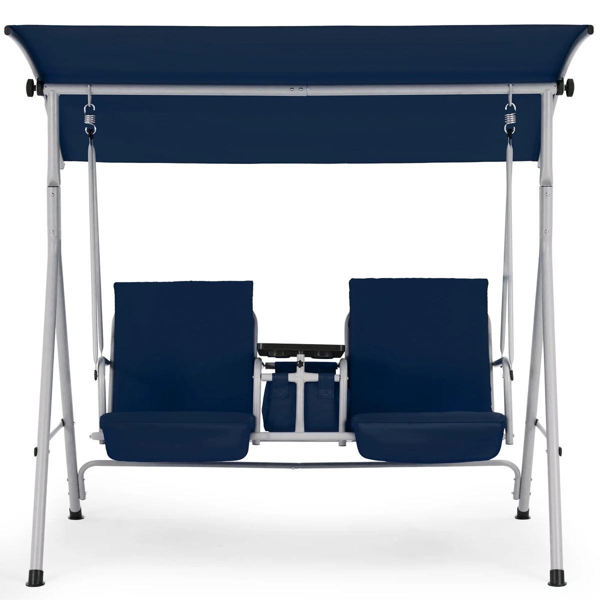HOMREST Patio Swing with Adjustable Canopy��Heavy Duty 650 LBS Outdoor Swing with Pivot Storage Table & 4 Cup Holders & Cushions for Yard, Lawn, Backyard, Navy Blue