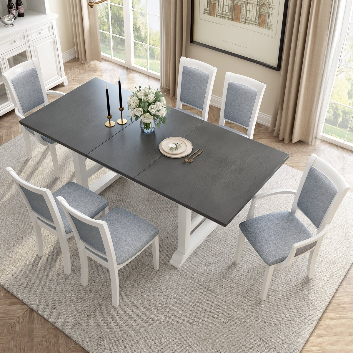 Harper & Bright Designs Farmhouse 7 Pieces Extendable Dining Table Set for 6, Solid Wood Kitchen Table with Butterfly Leaf and 6 Upholstered Chairs, Brown