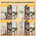 LUCKYELF Hall Tree with Shoe Storage, Entryway Bench with 4 Hooks and 2 Doors, Arch Coat Rack Cabinet for Hallway