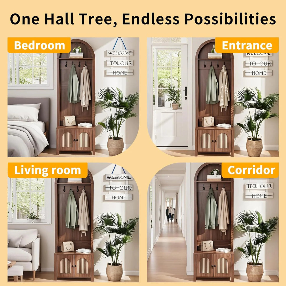 LUCKYELF Hall Tree with Shoe Storage, Entryway Bench with 4 Hooks and 2 Doors, Arch Coat Rack Cabinet for Hallway