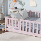 Bellemave Full Size Floor Bed with Door and Fence Floor Bed with Bed Slats Sturdy Wood Floor Bed Montessori Bed Frame (Full, Pink)