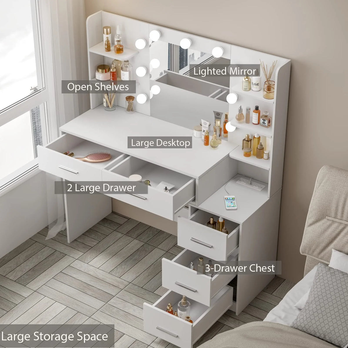 Makeup Vanity with Mirror and Lights,3 Lighting Colors,Bedroom Vanity Table with Charging Station,White Make Up Desk with 5 Drawers Storage and Open Shelves