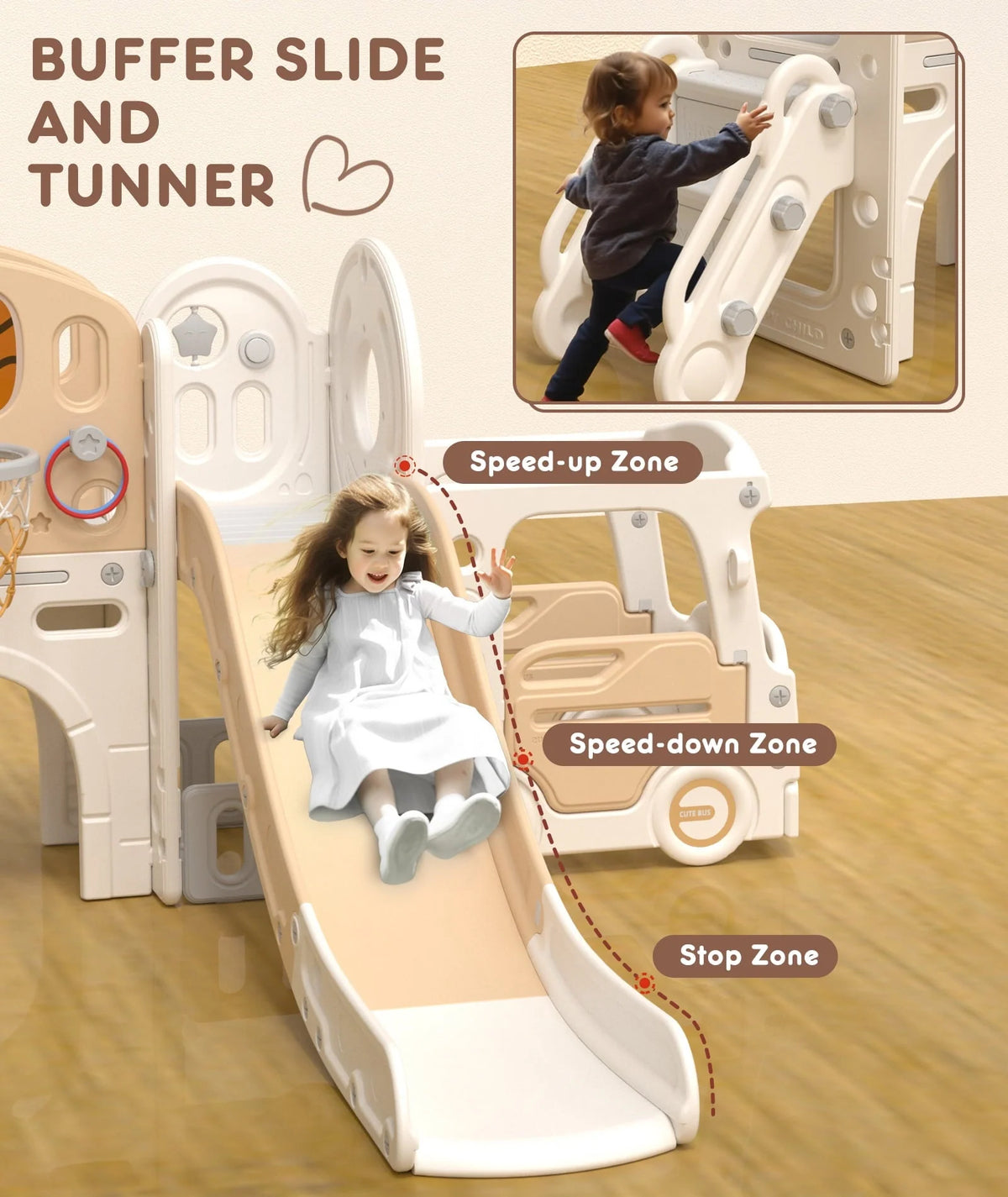 XJD 10 in 1 Toddler Slide, Kids Slide for Toddlers Age 1-3, Toddler Play Climber Slide Playset with Basketball Hoop and Ball, Toddlers Outdoor Indoor Playground(Beige+Coffee)