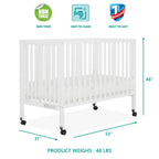 Dream On Me Quinn Full-Size Folding Crib. Removable Wheels. Modern Nursey. Adjustable Mattress Support. Patent Folding System in White
