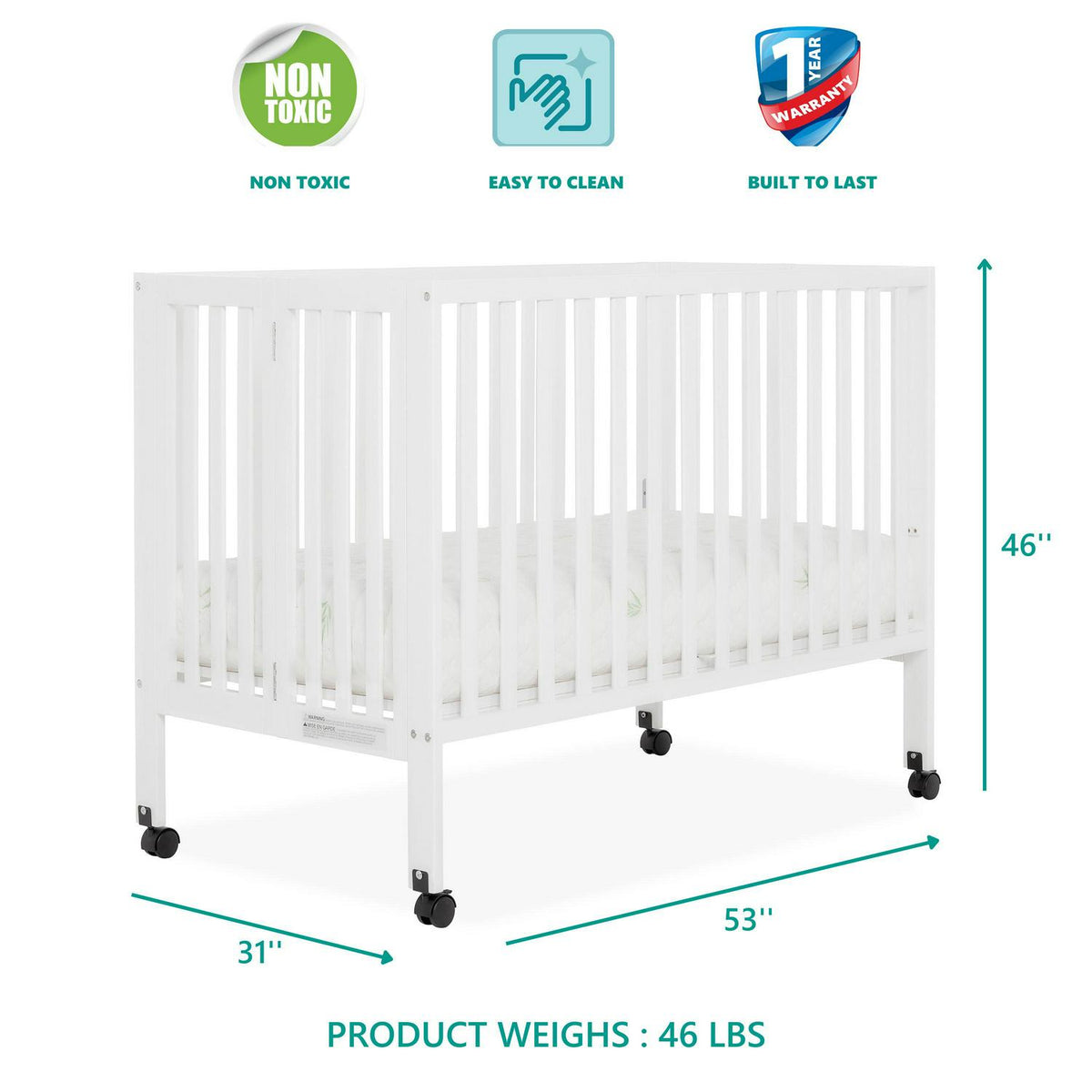 Dream On Me Quinn Full-Size Folding Crib. Removable Wheels. Modern Nursey. Adjustable Mattress Support. Patent Folding System in White