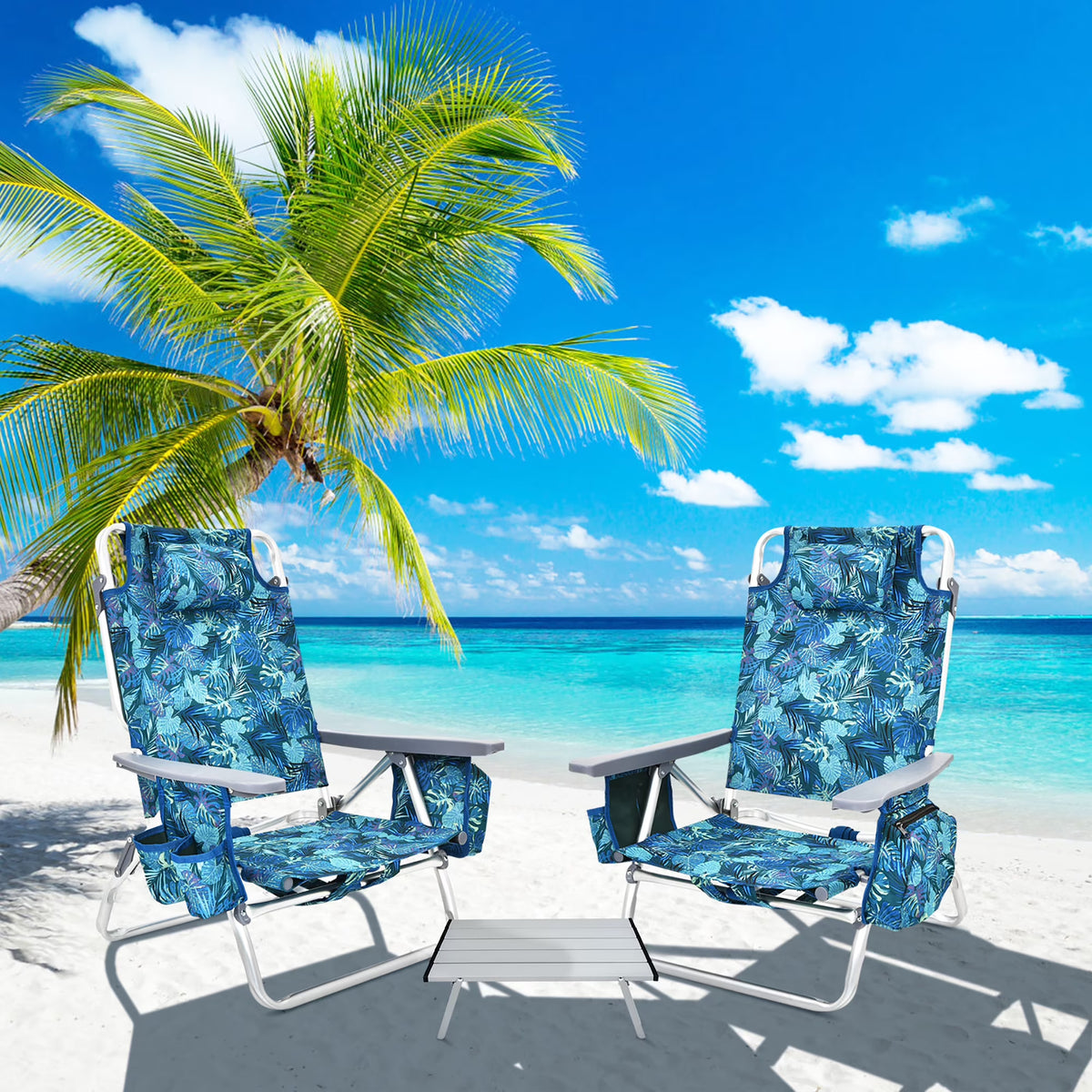 Costway 2-Pack Folding Backpack Beach Chair Table Set 5-Position Outdoor Reclining Chair Pink