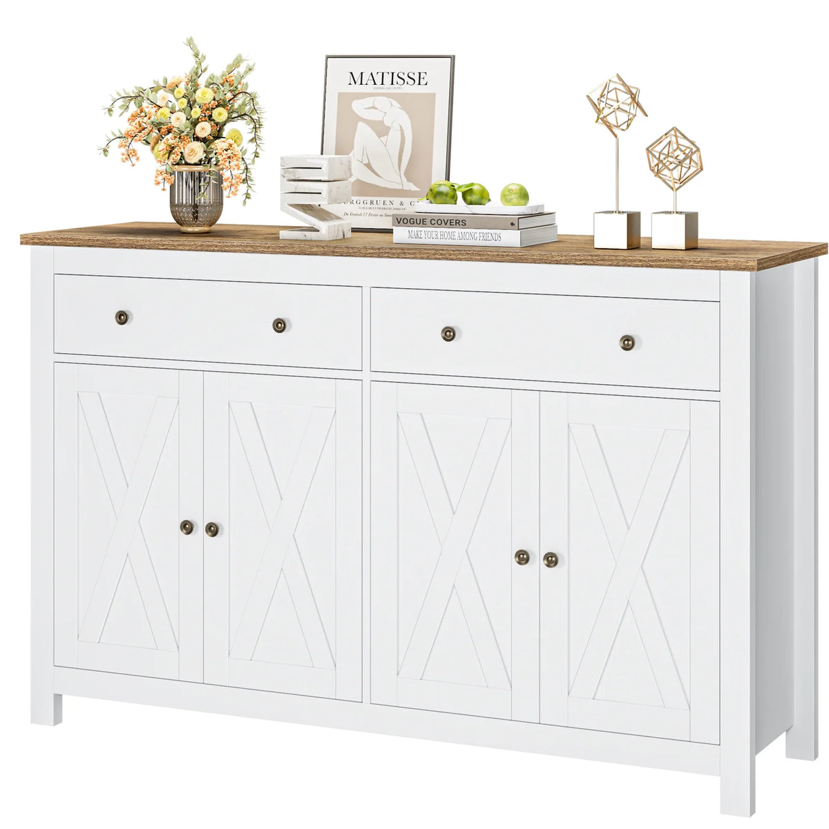 Homfa 55.1'' W Farmhouse Storage Cabinet, 4-Doors 2-Drawers Wood Sideboard with Adjustable Shelves for Kitchen Dining Room, White