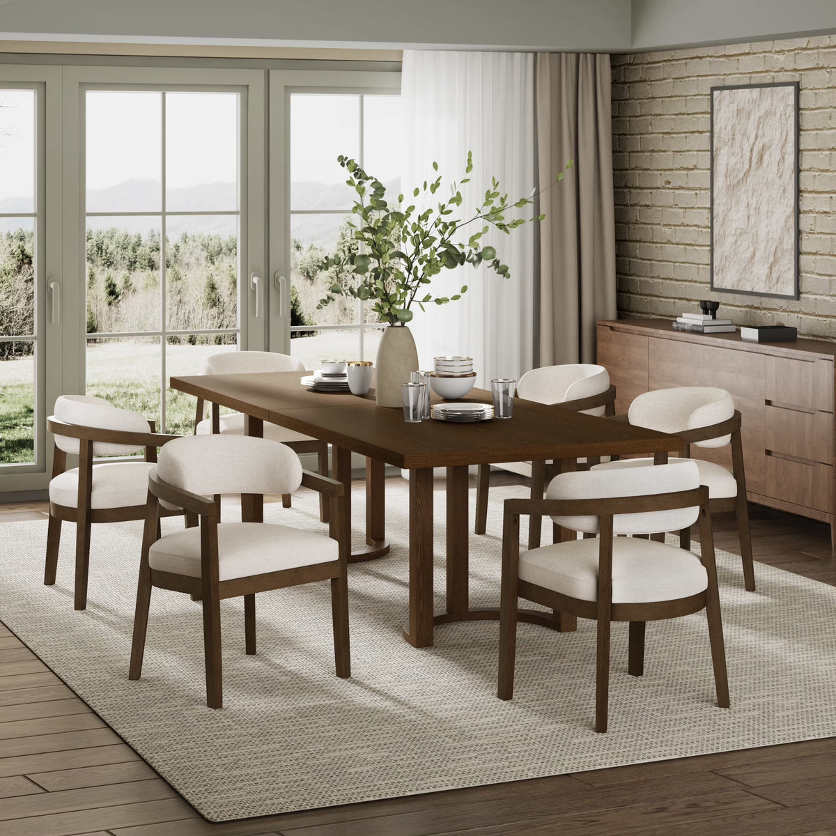 Christopher Knight Home 7-Piece Dining Set with 95" Wood Table, Curved Back Upholstered Armchairs, Walnut & Beige