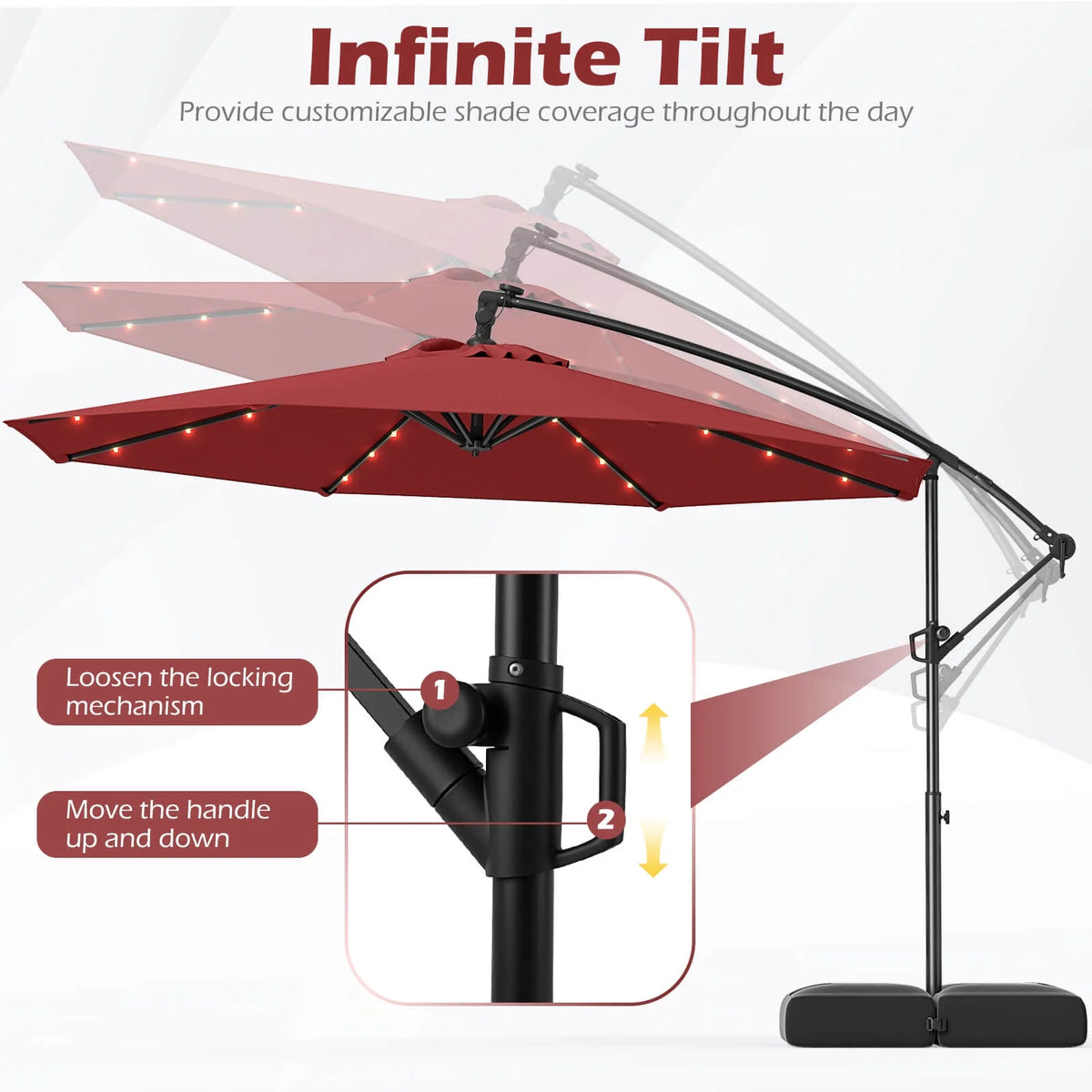 Costway 10 FT Solar Offset Hanging Umbrella Patio Cantilever Umbrella with 32 LED Lights Brown