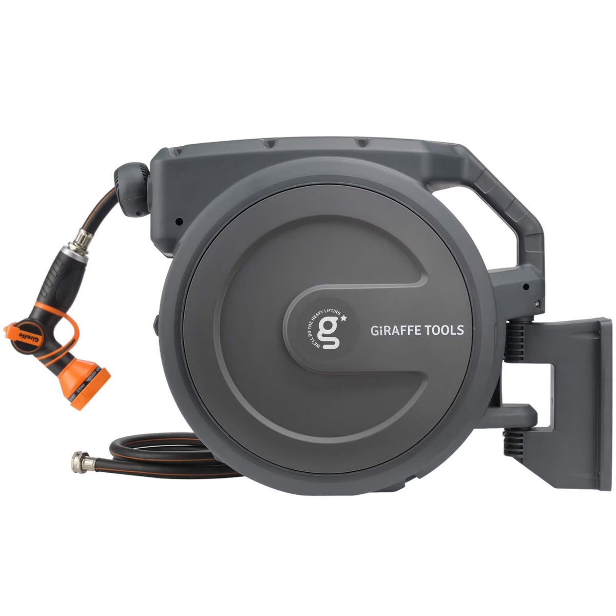 Giraffe Tools Retractable Garden Hose Reel with 1/2in-100ft Water Hose, Plastic Bracket, Wall Mounted, Dark Grey