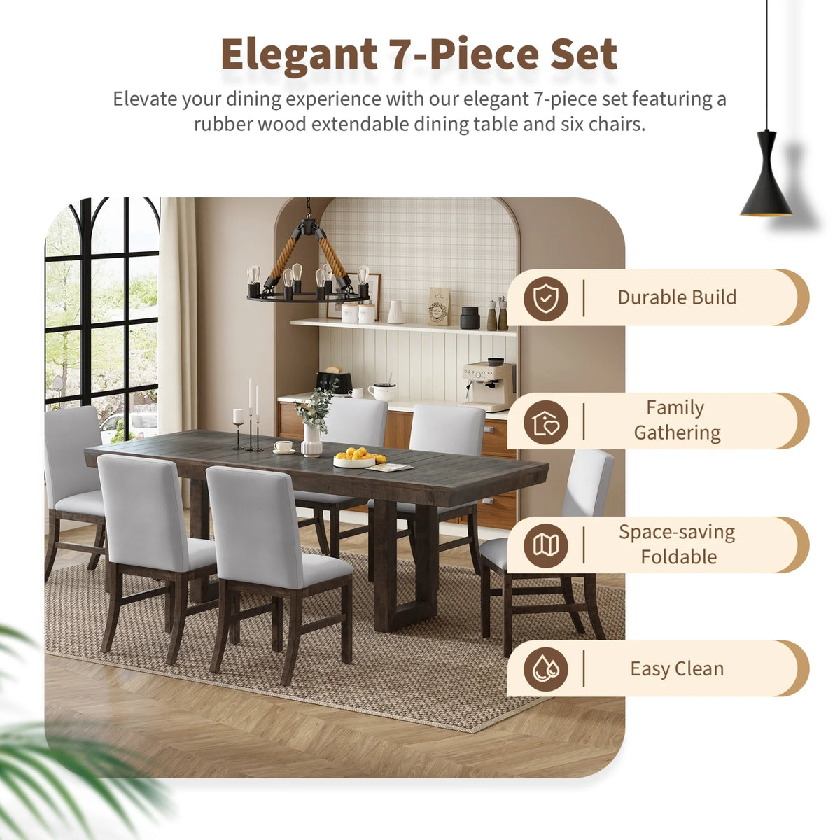 Harper & Bright Designs Farmhouse 7 Pieces Extendable Dining Table Set for 6, Solid Wood Kitchen Table with Butterfly Leaf and 6 Upholstered Chairs, Brown