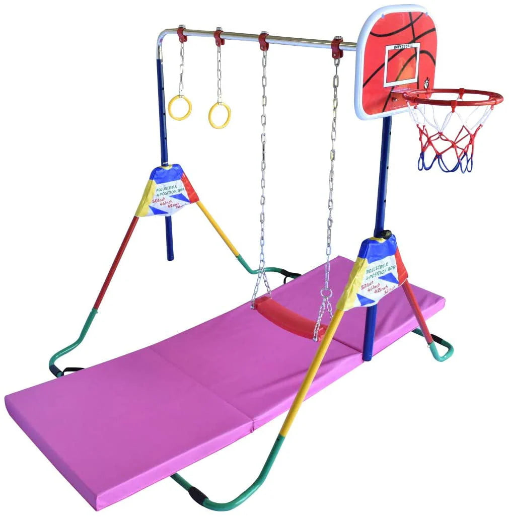 Adjustable Height Gymnastics Bar for Kids Kip Bar 6 in 1 Set, 6'x2' Gymnastic Tumble Mat, Swing Seat, 2 Trapeze Rings, Basketball Hoop, Home Junior Training Monkey Bars Fitness Balance Horizontal Bar