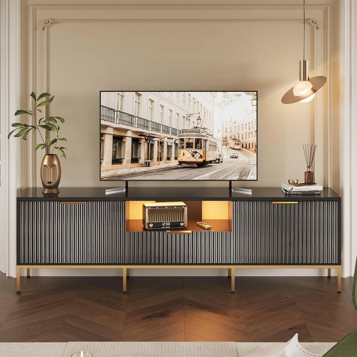 Bestier 55" LED TV Stand for TVs up to 60" Modern High Gloss Entertainment Center with Drawers Cabinets Fluted TV Console, White & Gold