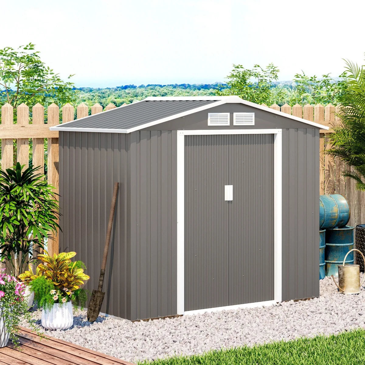 Outsunny 7' x 4' Metal Storage Shed Organizer, Garden Tool House with 4 Vents and 2 Sliding Doors for Backyard, Patio, Garage, Lawn, Dark Gray