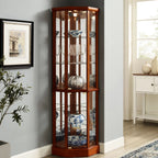 Walnut Cabinet With 6 Shelves, Adjustable Glass & Mirrored Back Design Shelf Lighted Corner Curio Shelves In