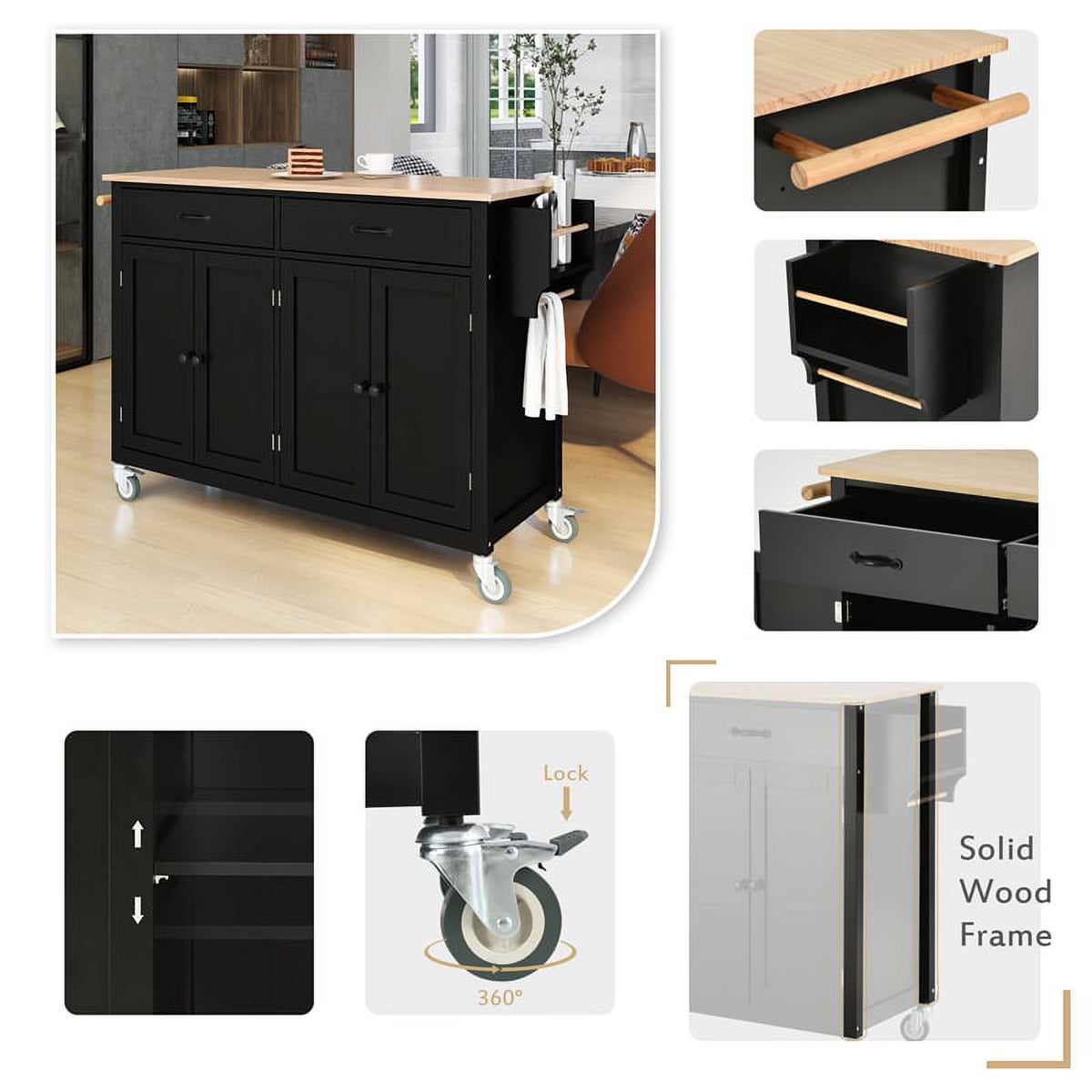 Kitchen Storage Islands&Carts with Solid Wood Top and Locking Wheels, Kitchen Island Cart with 4 Door Cabinet and Two Drawers, Kitchen Cabinets for Kitchen and Dining Room, Green