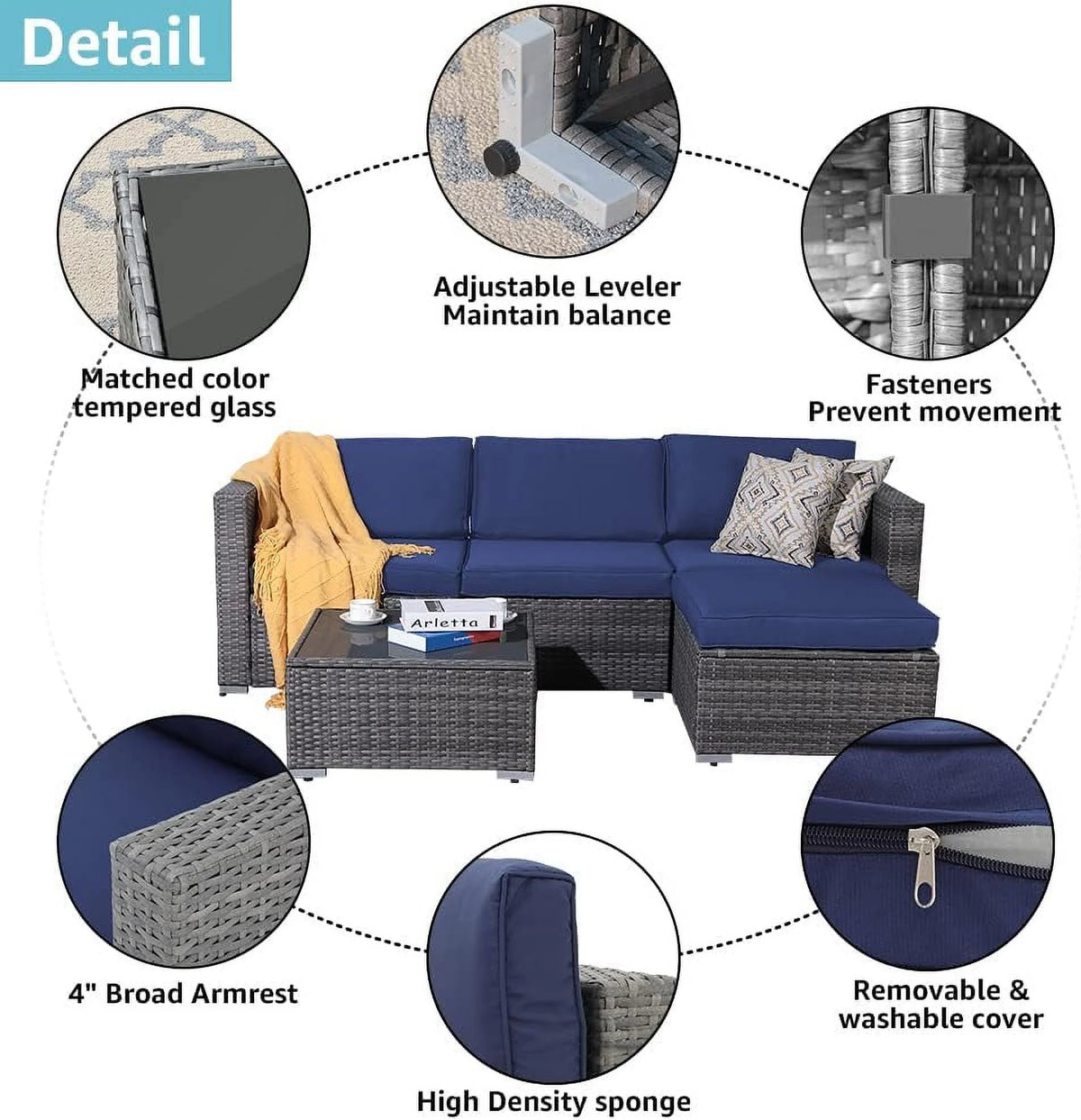 Patiorama 5-Piece Patio Furniture Set, Outdoor Sectional Conversation Set, All-Weather Grey PE Wicker with Light Grey Cushions, Backyard Porch Garden