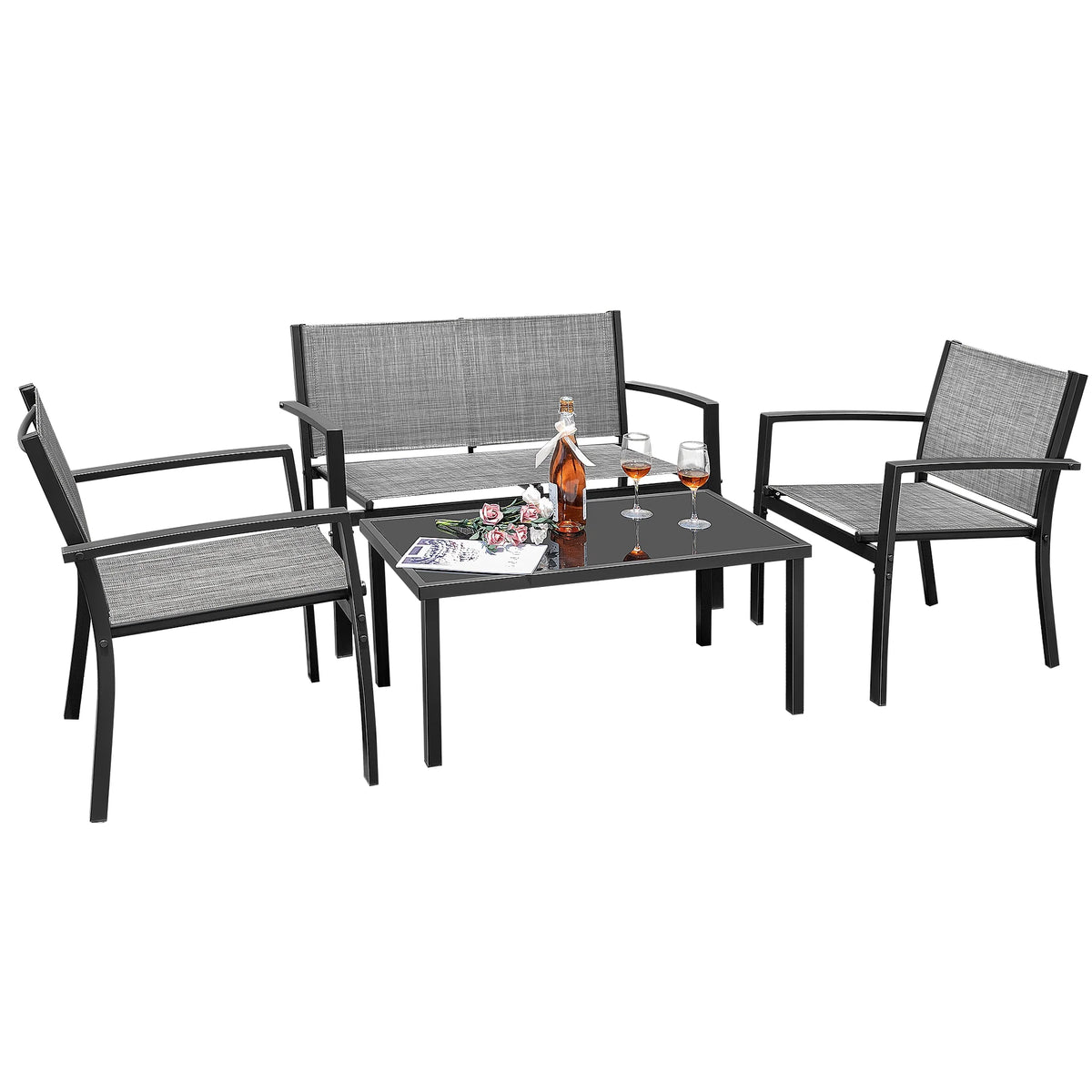 LACOO 4 Pieces Outdoor Furniture Set Patio Textilene Steel Conversation Set with Loveseat Tea Table for Lawn and Balcony, Black