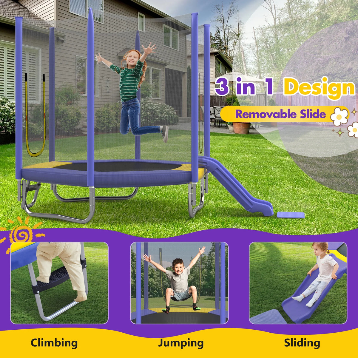 EUROCO 7FT Trampoline with Removable Slide, Kids Indoor Outdoor Trampoline with Enclosure Net and Ladder, Pink
