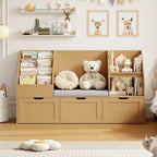 Homfa Kids Bookshelf with Reading Nook & 3 Movable Drawers, 2 Cube Bookcase with 4-Tier Book Racks, Toy Storage Organizer for Playroom Bedroom, White