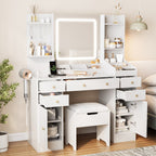 Vanity Set with Mirror and Lights, Makeup Table with Charging Station,5 Drawers & Storage Shelves, White