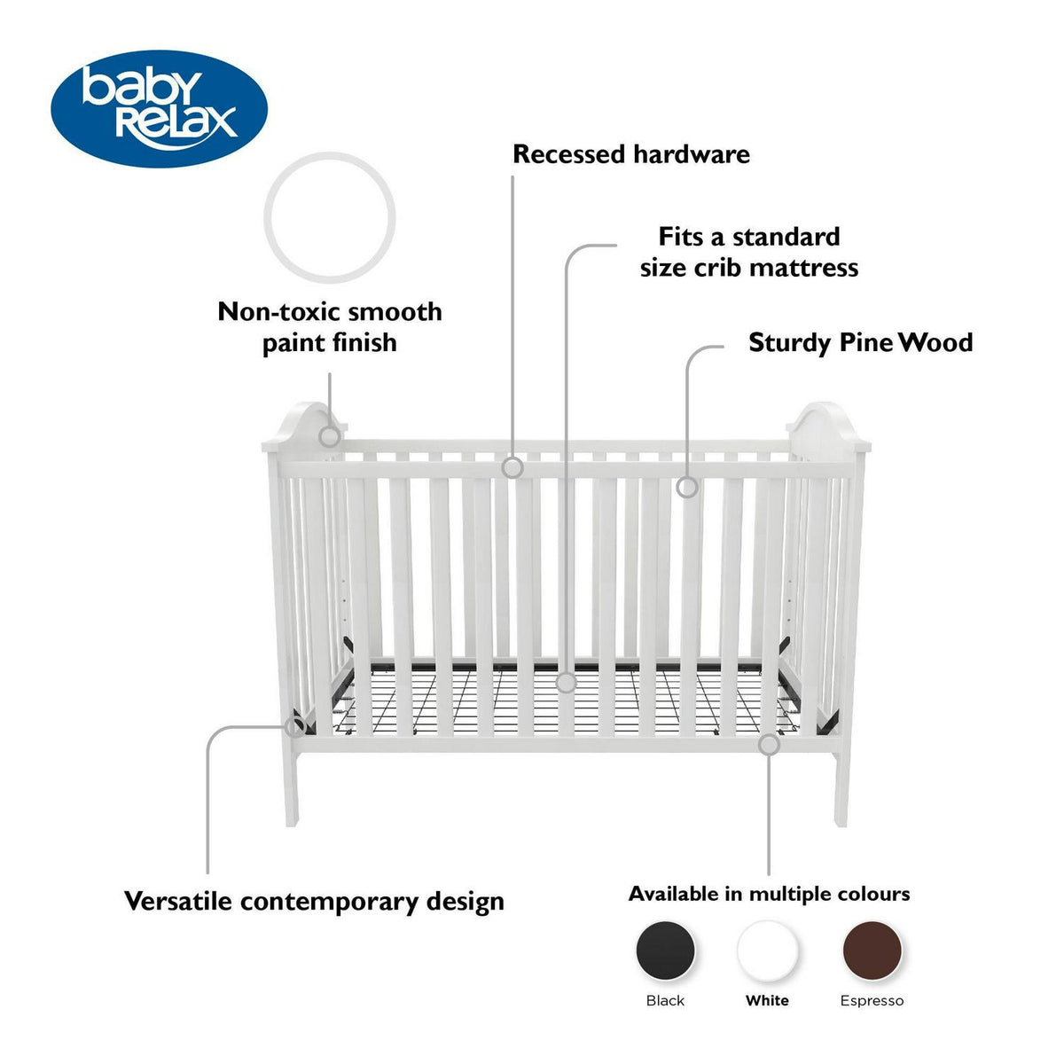 Baby Relax Adele 3-in-1 Convertible Crib. White
