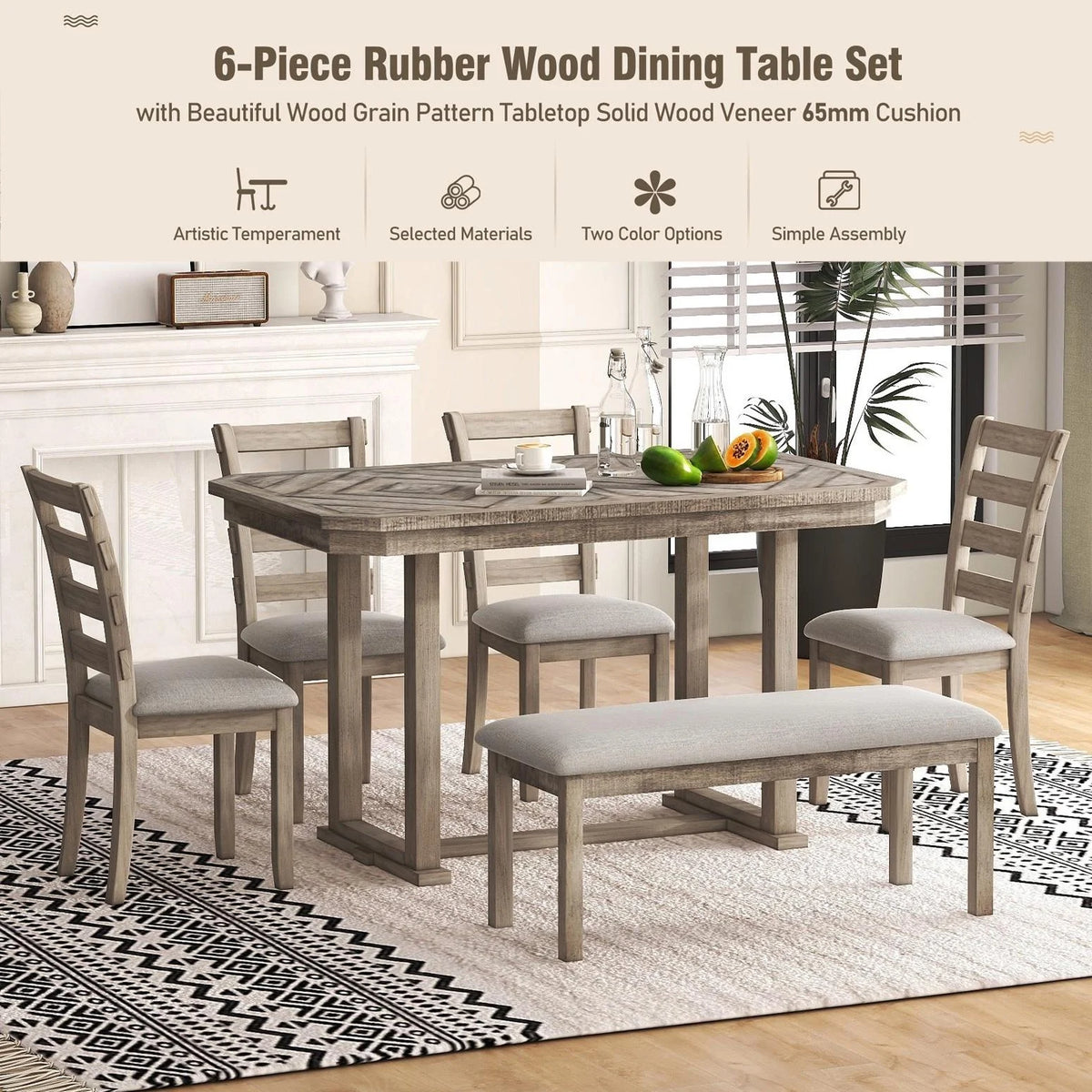 Bellemave 6-Piece Dining Table Set, Rubber Wood Rectangular Kitchen Table Set for 6, Farmhouse Dining Table Set with 4 Upholstered Chairs and Bench (Gray)