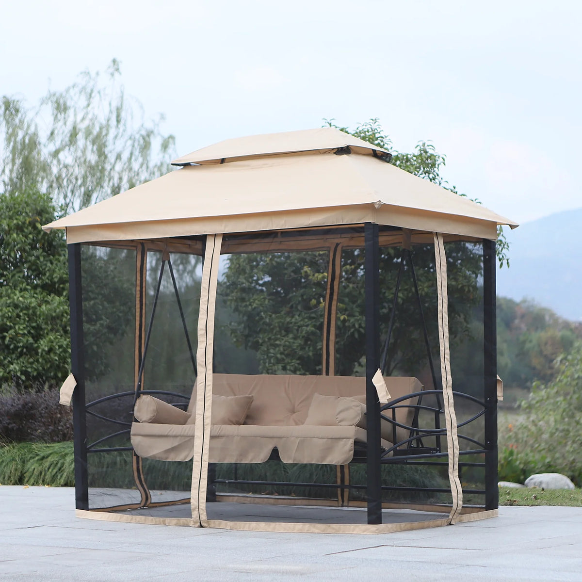 Outsunny 3 Person Patio Swing Chair, Gazebo Swing with Double Tier Canopy, Cushioned Seat, Mesh Sidewalls, gray