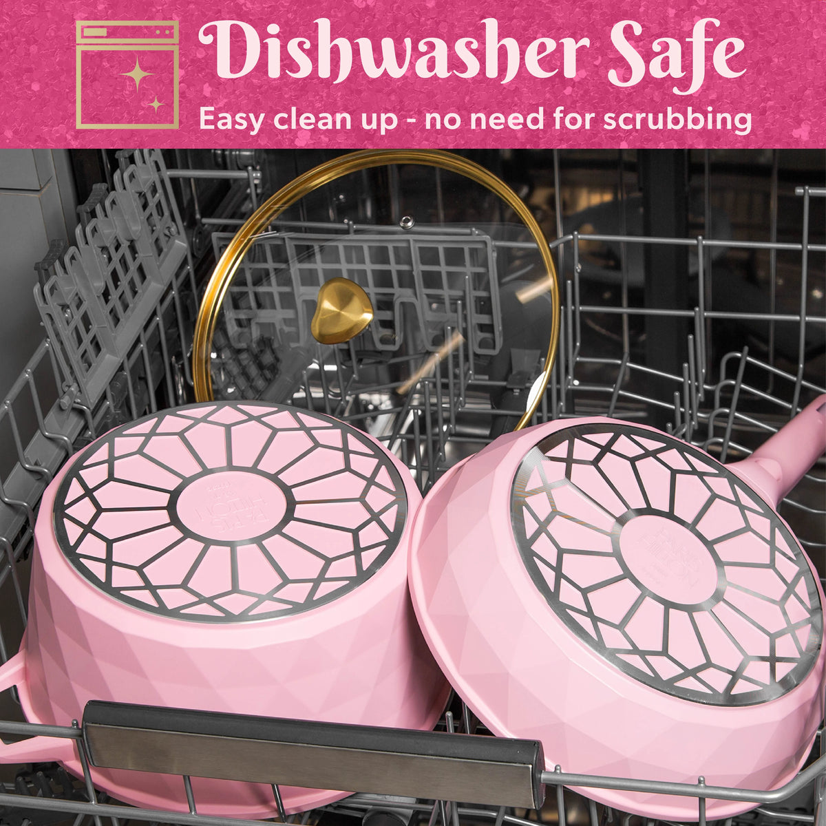 Paris Hilton 10-Piece Ceramic Nonstick Cast Aluminum Cookware Set, Clean Ceramic? Coating, Faceted Pink Design