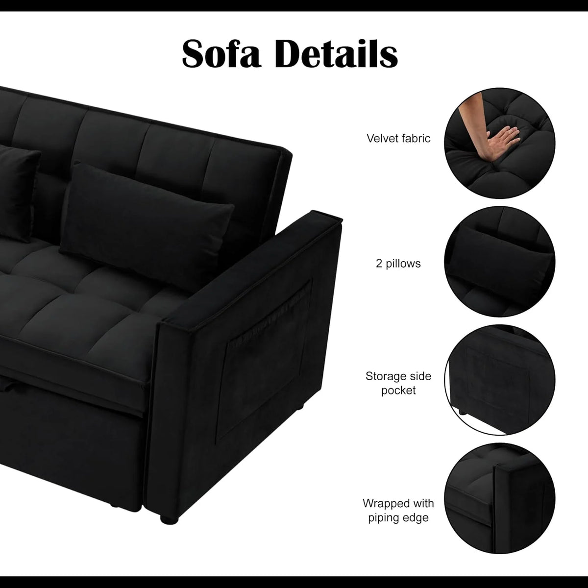Gewnee 55'' Modern Convertible Velvet Sofa Bed with Pull-Out Twin Bed, Adjustable Backrest for Living Room, Office (Dark Gray)