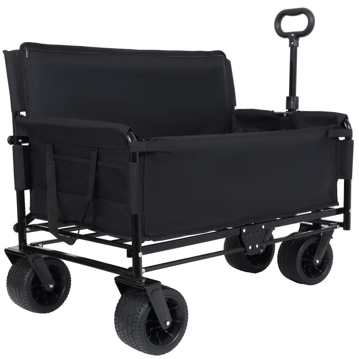 3-in-1 Collapsible Wagon Cart with Bench Seat, 500lbs Convertible Heavy Duty Utility Wagon with Flexible Handle, All-Terrain Folding Grocery Cart with Wheels for Shopping, Camping, Orange
