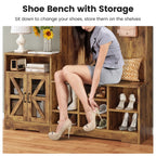 Farmhouse Wood Hall Tree with Shoe Bench and Console Table, LED 4-in-1 Coat Rack with 8 Hooks and 7 Adjustable Shoe Cubbies, Multifunctional Entryway Storage Organizer with Cabinet, Vintage White