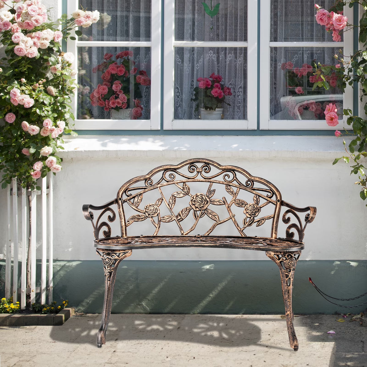 Ktaxon Outdoor Patio Park Garden Bench Courtyard Leisure Rose Cast Aluminum, Outdoor Loveset, Bronze