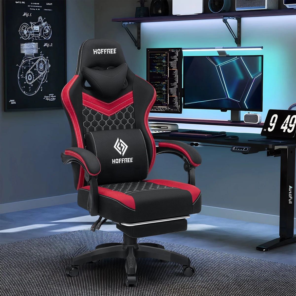 Hoffree Gaming Chair with Massage Fabric Office Chair with footrest for Adults, Ergonomic Gamer Chair with Headrest and Lumbar Support for Office Gaming, 440 LBS