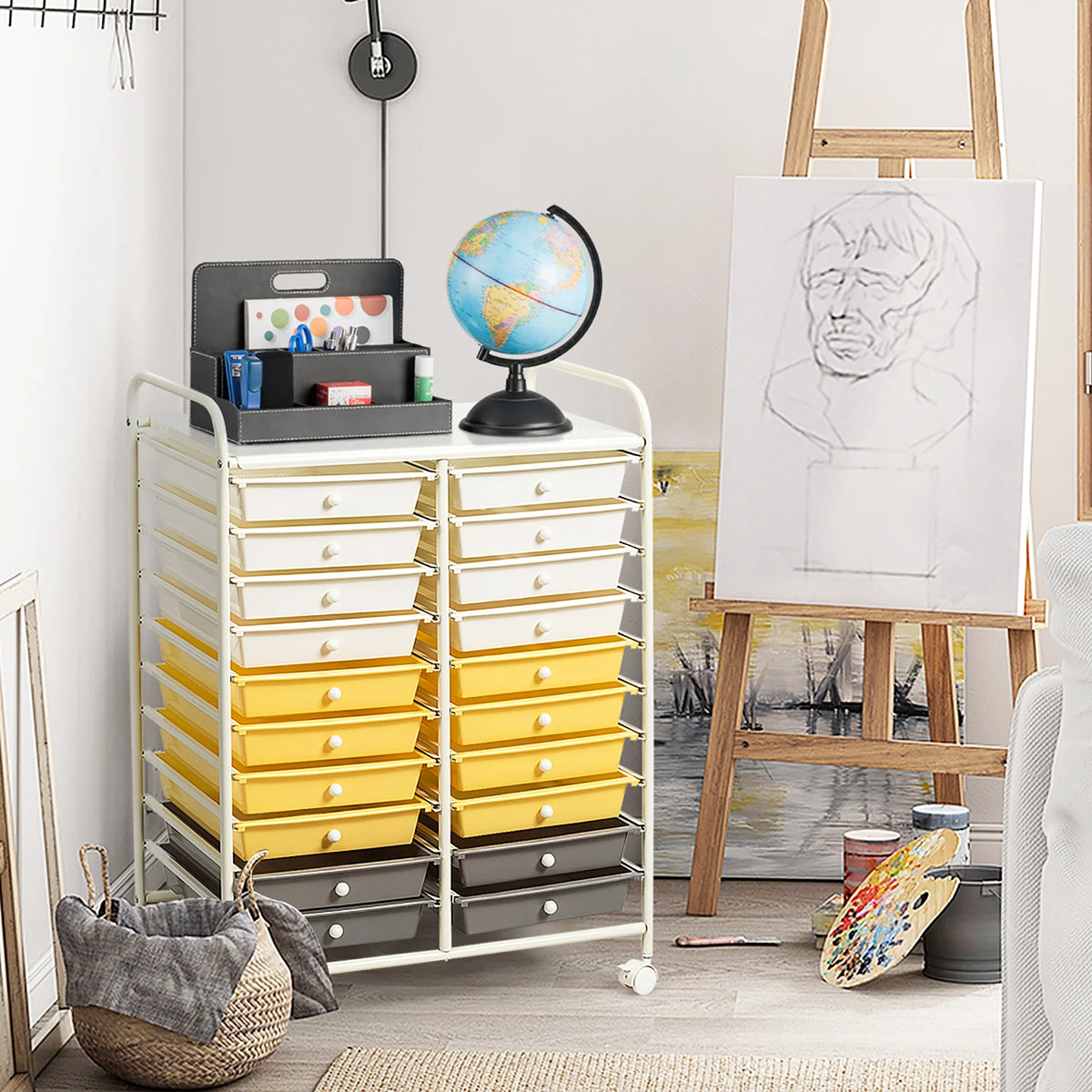 Costway 20 Drawer Rolling Storage Cart Tools Scrapbook Paper Office School Organizer Yellow