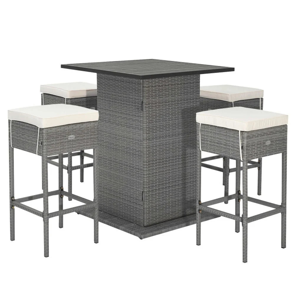 Topcobe 5 Pieces Outdoor Wicker Bar Table Set with Hidden Storage Shelves, Outdoor Patio Furniture for Garden Backyard Pool Deck-White