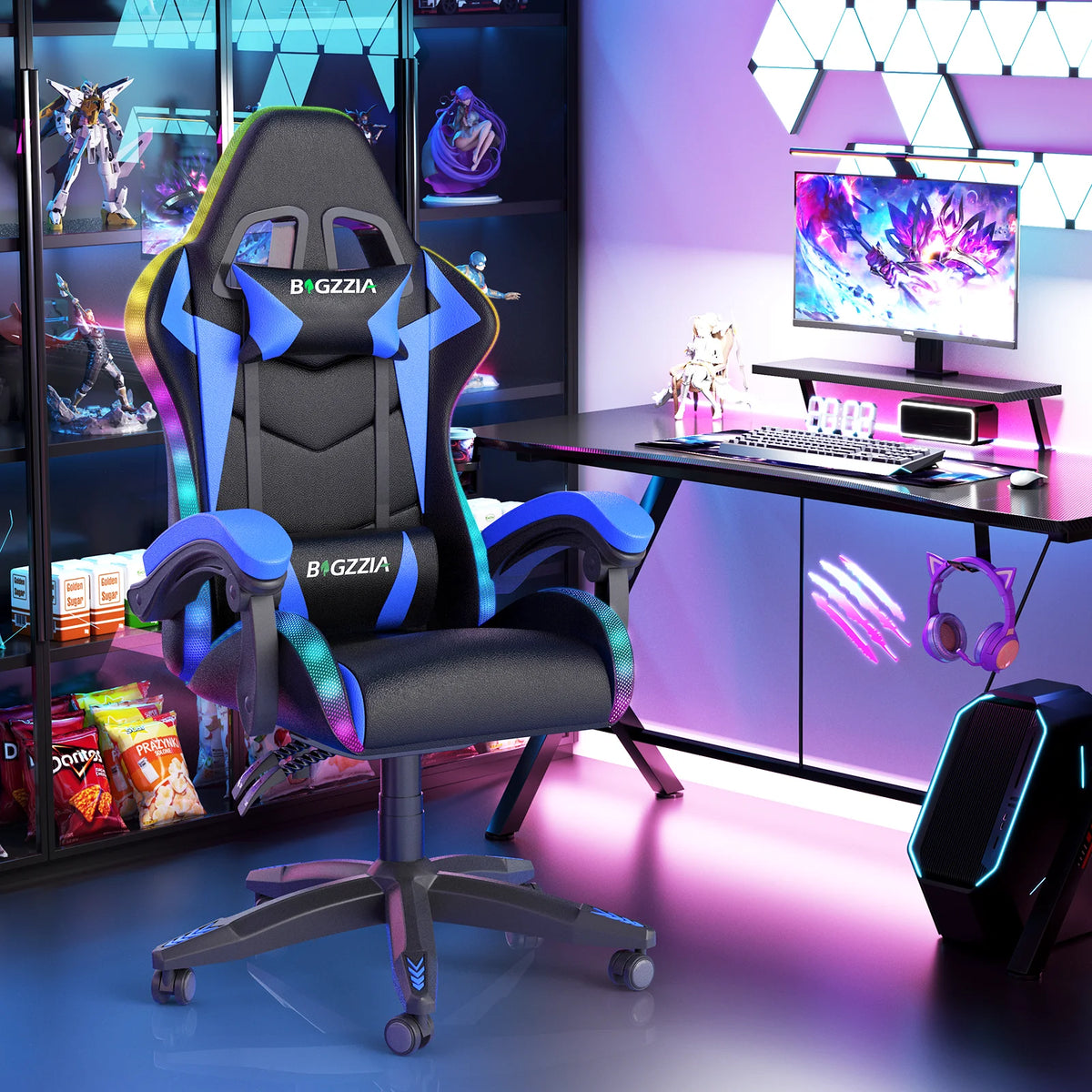 Bigzzia Gaming Chair with LED Lights Ergonomic Office Chair for Adults and Kids - Adjustable Height, 360�� Swivel, Headrest Support, Mesh PU Leather, Black & Green