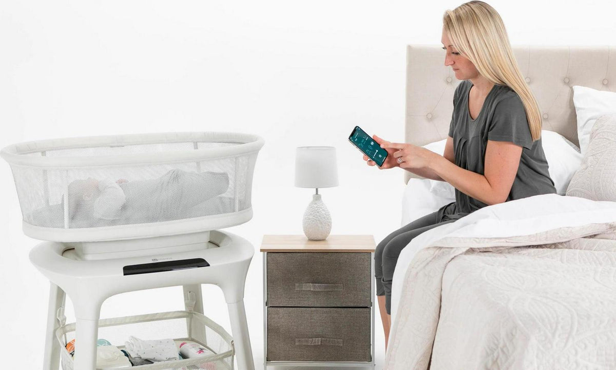 4moms MamaRoo Sleep Bassinet. Baby Bedside Bassinet. Supports Babys Sleep with Adjustable Features 5 Motions. 5 Speeds. 4 Soothing Sounds and 2 Heights