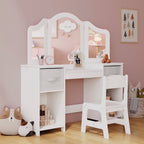 Arlopu Kids Vanity Set with Stool, Wooden Makeup Vanity Desk Children Dressing Table with Chair, Tri-Folding Mirror, Storage Cabinet & Drawers