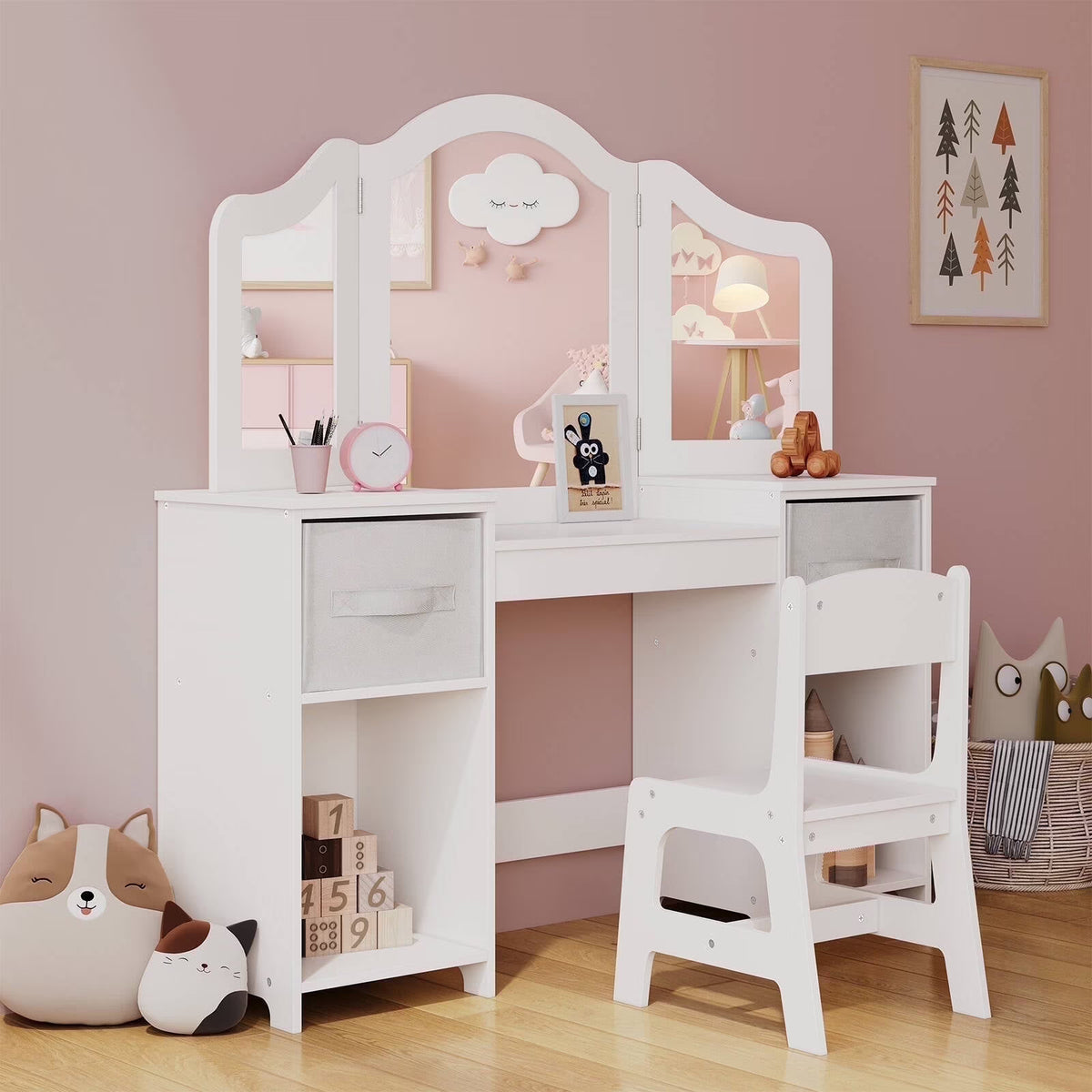 Arlopu Kids Vanity Set with Stool, Wooden Makeup Vanity Desk Children Dressing Table with Chair, Tri-Folding Mirror, Storage Cabinet & Drawers
