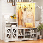 Farmhouse Wood Hall Tree with Shoe Bench and Console Table, LED 4-in-1 Coat Rack with 8 Hooks and 7 Adjustable Shoe Cubbies, Multifunctional Entryway Storage Organizer with Cabinet, Vintage White