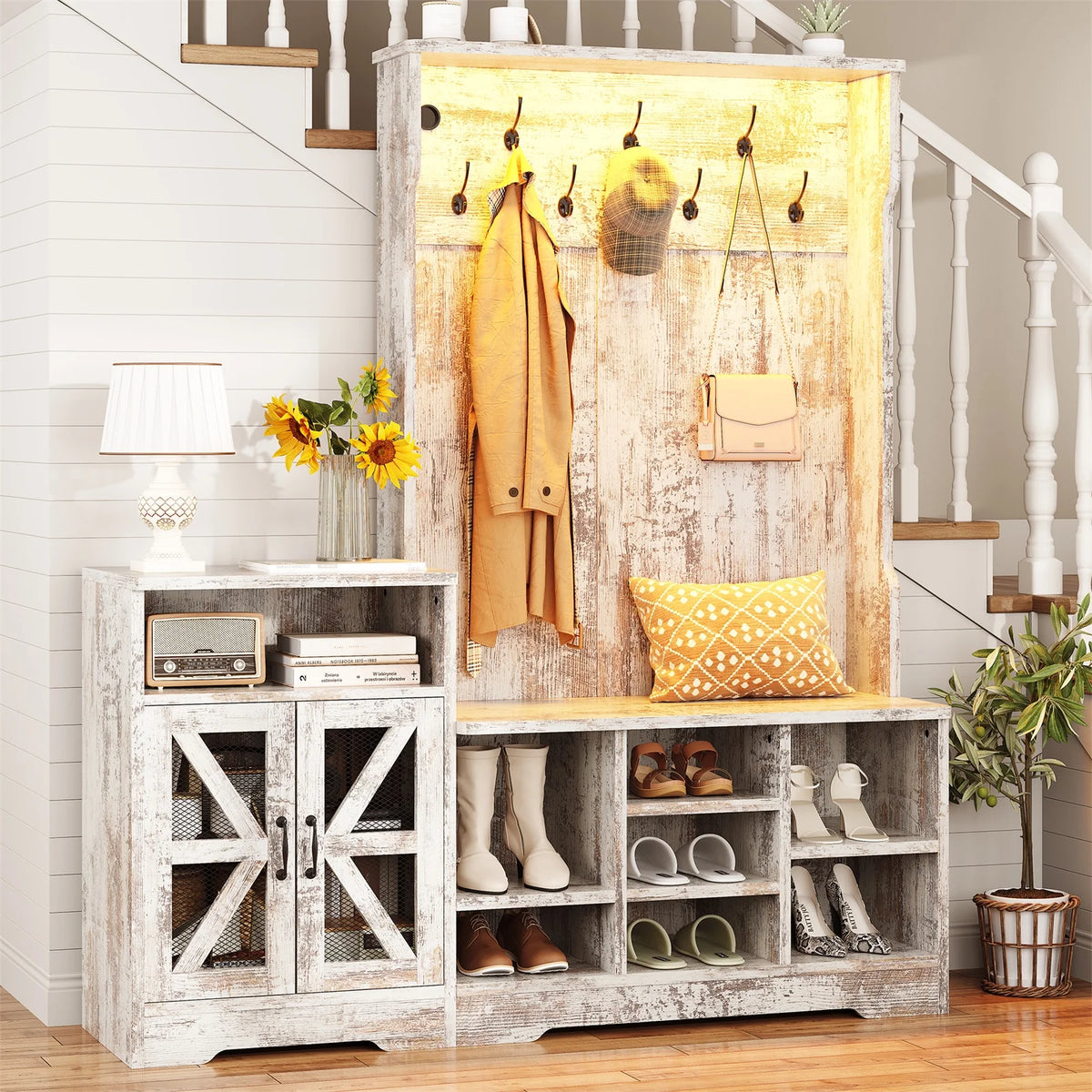 Farmhouse Wood Hall Tree with Shoe Bench and Console Table, LED 4-in-1 Coat Rack with 8 Hooks and 7 Adjustable Shoe Cubbies, Multifunctional Entryway Storage Organizer with Cabinet, Vintage White