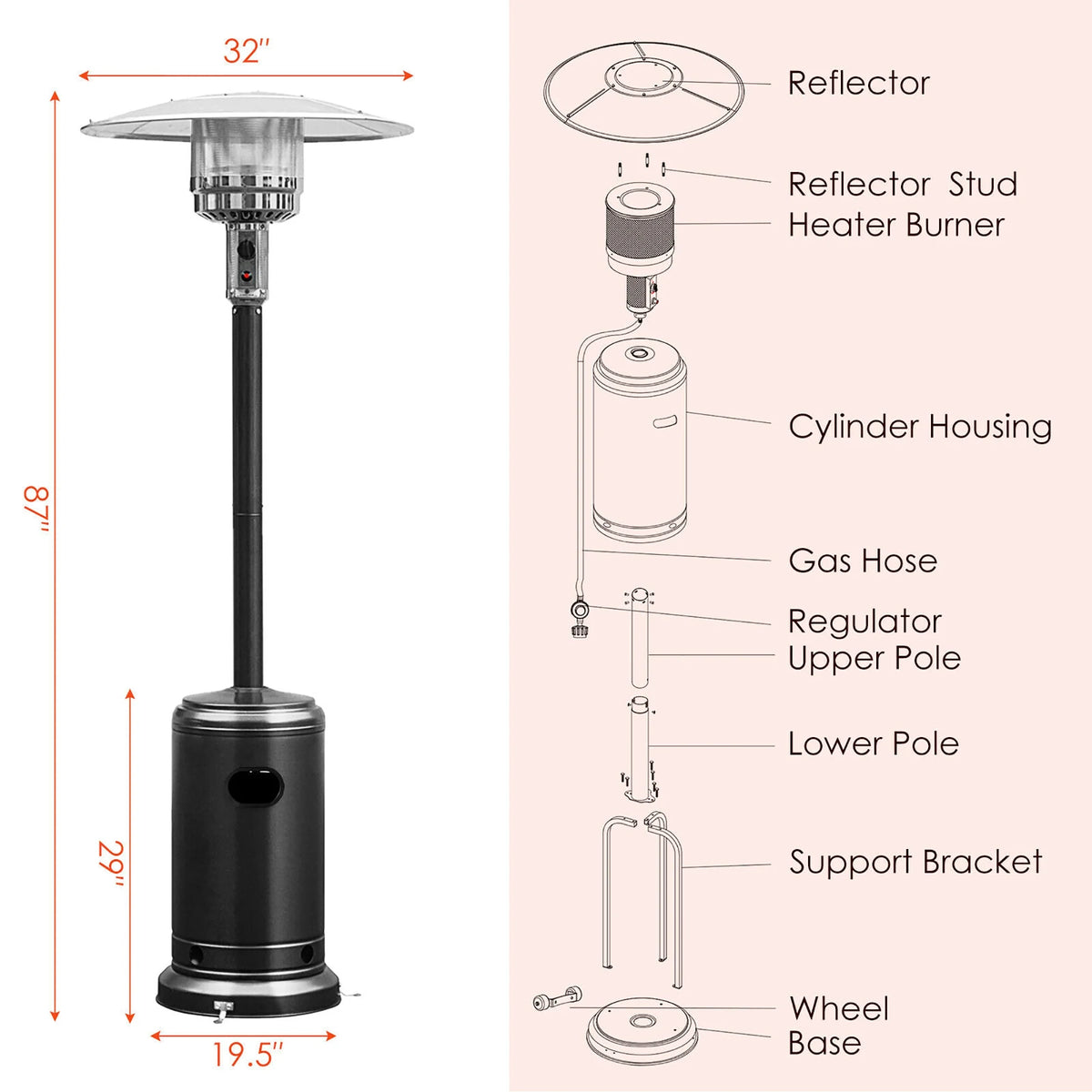 Costway 50000 BTU Propane Patio Heater Standing Steel with Wheels Grey