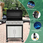 4-Burner Gas Grill with 4 Universal Wheels & Bottle Opener, 40000BTU Outdoor Grill with Side Table for Camping, Black & Sliver