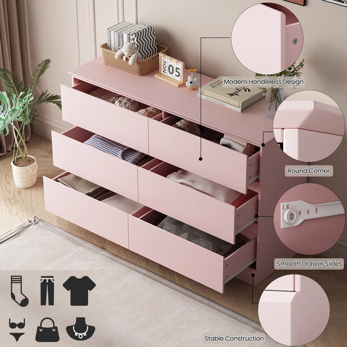 White Dressers Bedroom Dresser 6 Drawer Storage Chest of Drawers Double Dresser Storage Side Cabinet Room Furniture for Bedroom Living Room